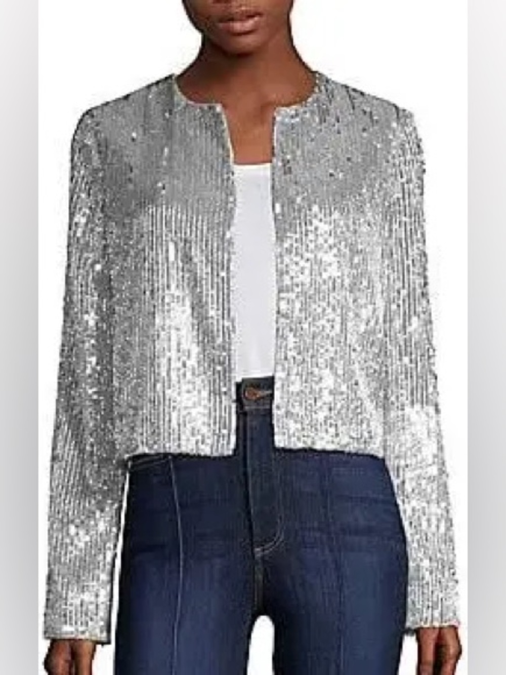 Alice + Olivia Silver Sequin Cropped Blazer, sz M